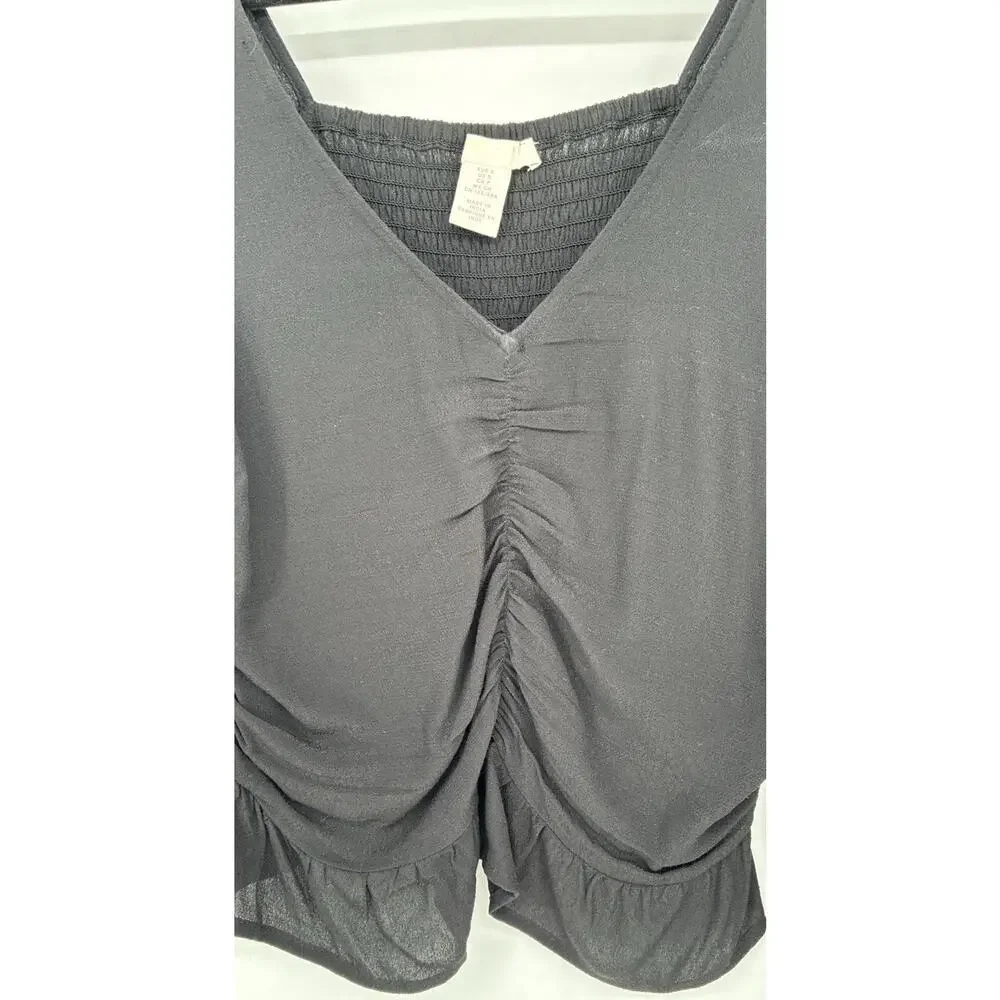 H &M Black Frnt Side Ruched Smocked Back LS Peplum Romantic Balletcore Top Small